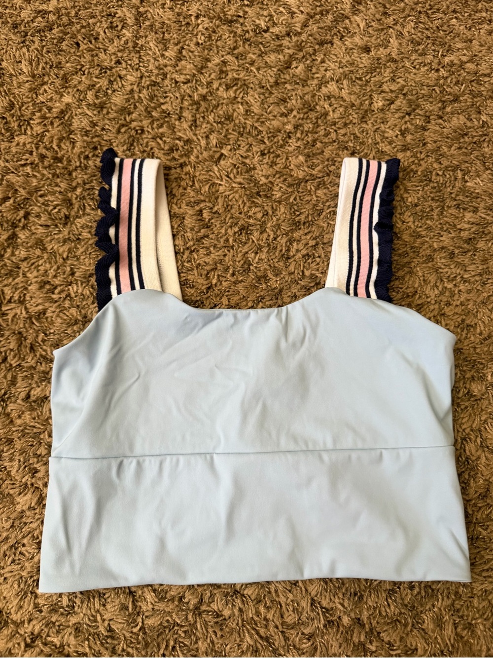 Amazon Light Blue Crop Tank with Navy and Pink Striped Ruffle Straps